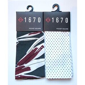 2-PK, 1670 Pocket Squares Black with Maroon & White with Black Polka Dots Cotton